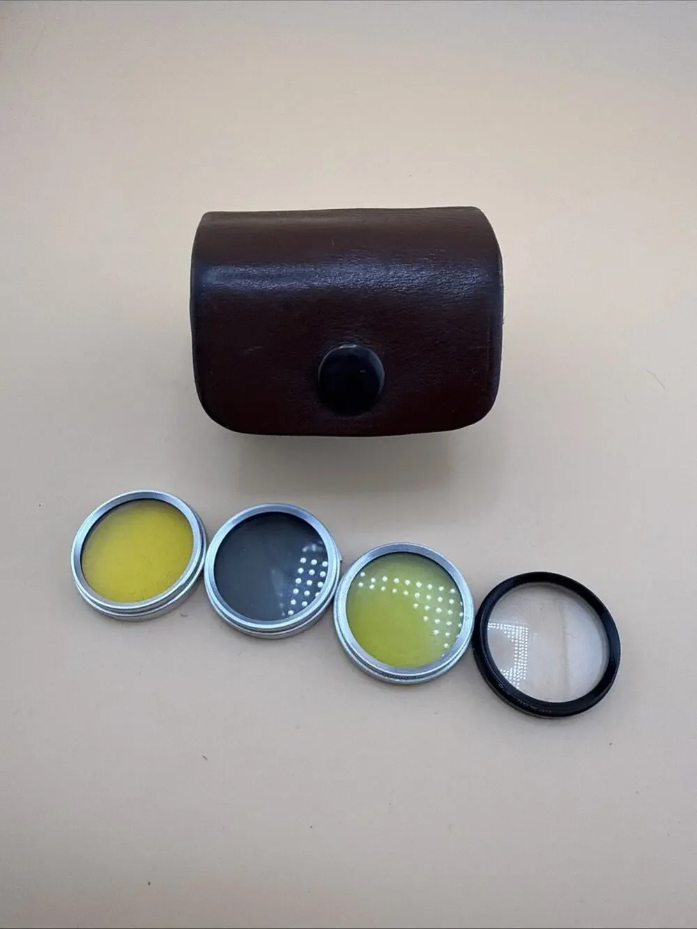Vintage Meopta 4 Camera Filters, And Pax Leather Case With Hood
